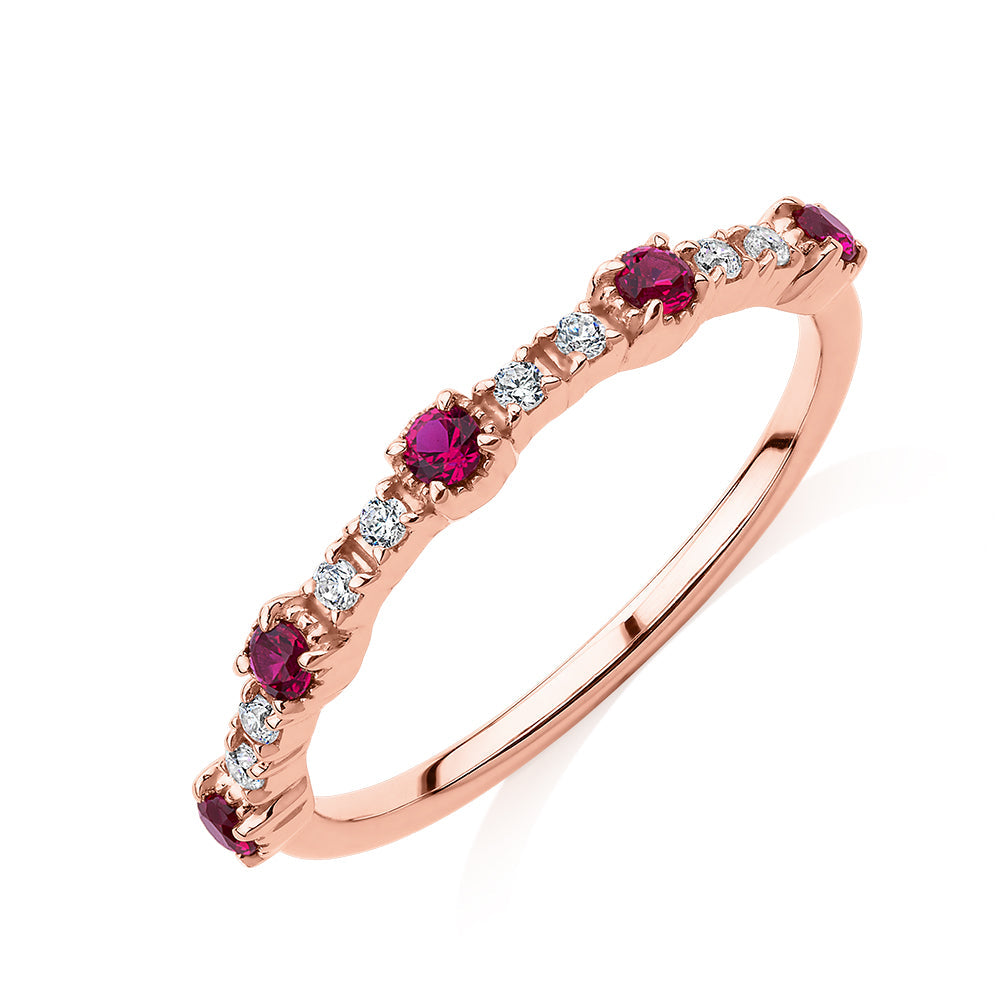 Wedding or eternity band with ruby and diamond simulants in 10 carat rose gold