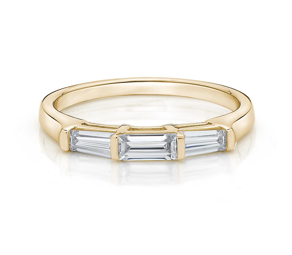 Wedding or eternity band with 0.66 carats* of diamond simulants in 14 carat yellow gold