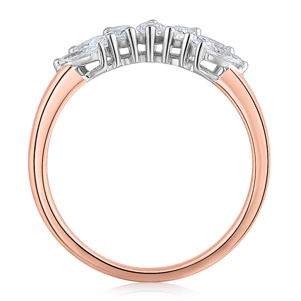 Curved wedding or eternity band with 0.48 carats* of diamond simulants in 14 carat rose and white gold