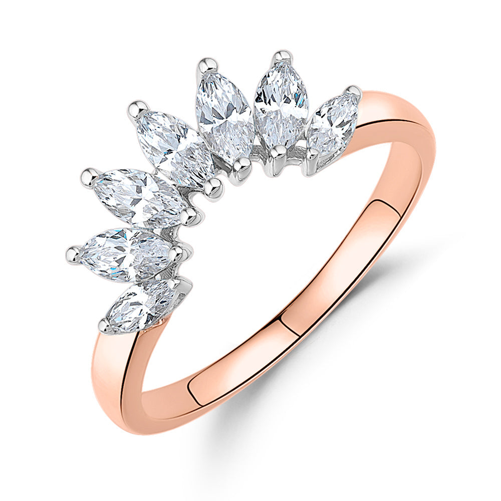 Curved wedding or eternity band with 0.48 carats* of diamond simulants in 14 carat rose and white gold