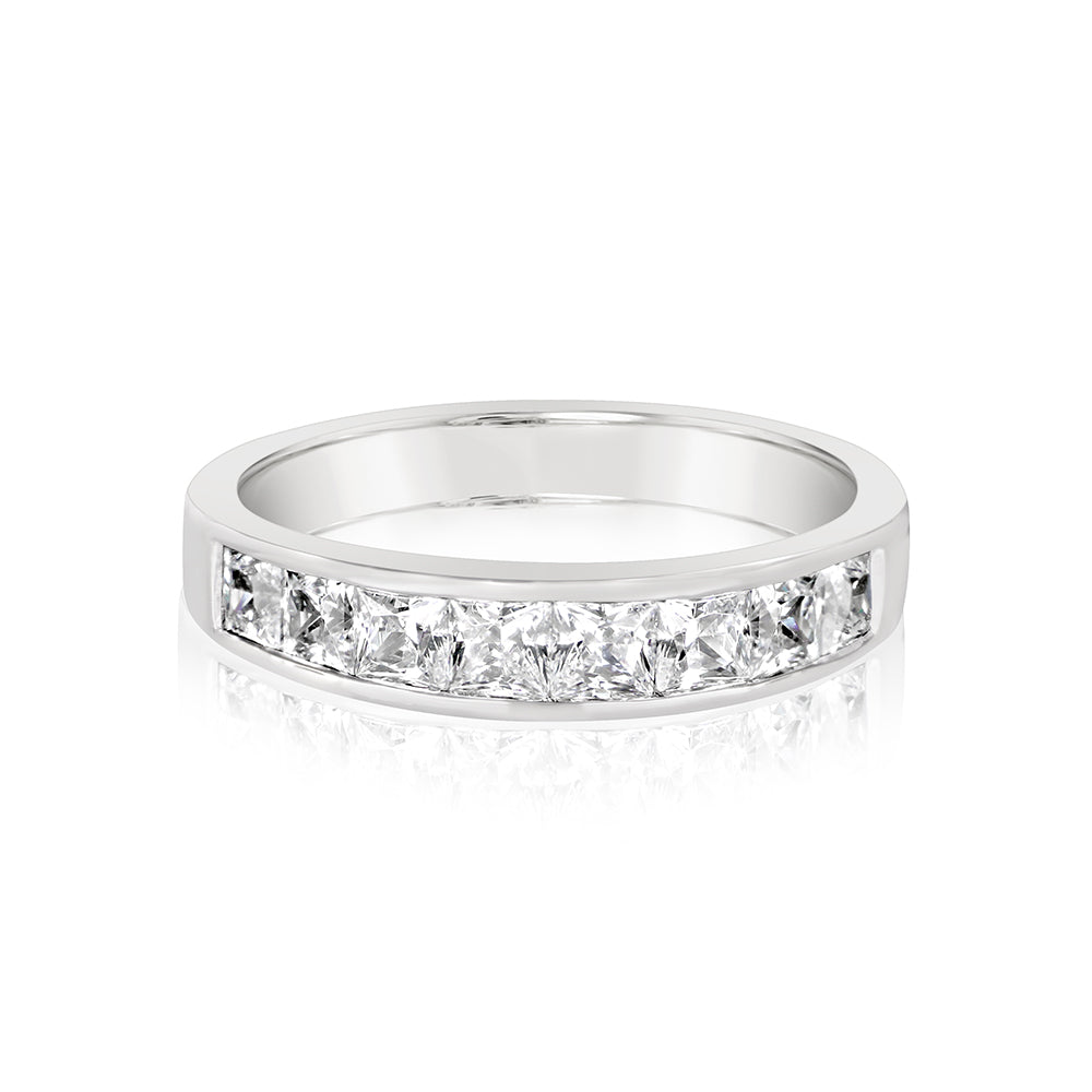 Princess cut channel set wedding band in 14 carat white gold