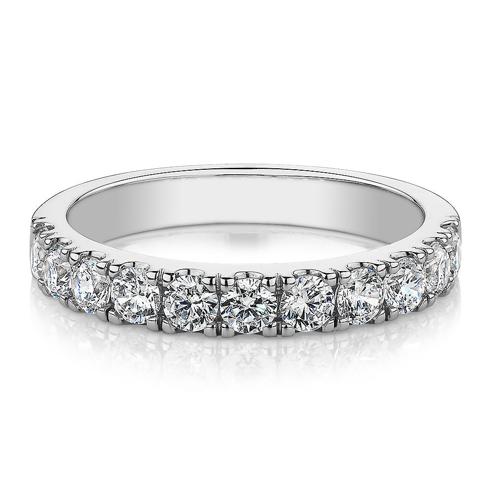 Wedding or eternity band with 0.88 carats* of diamond simulants in 14 carat white gold