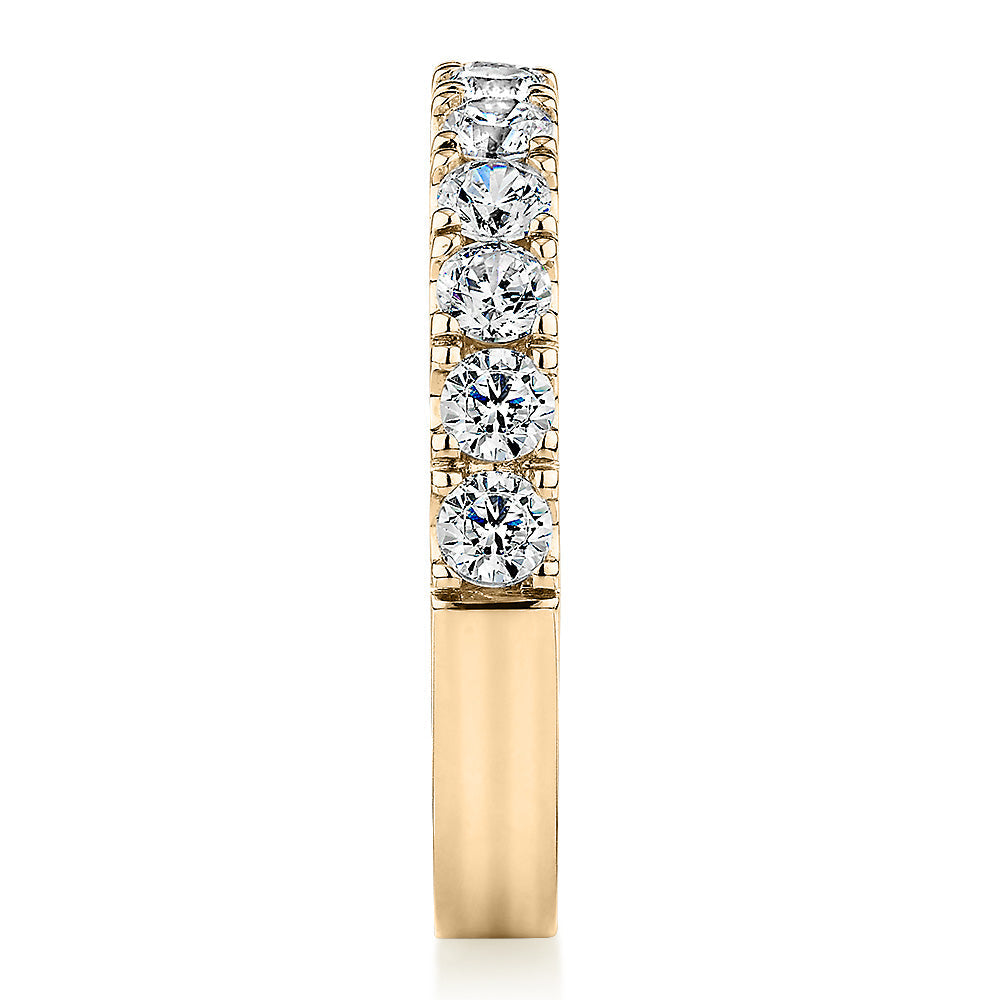 Wedding or eternity band with 0.88 carats* of diamond simulants in 14 carat yellow gold