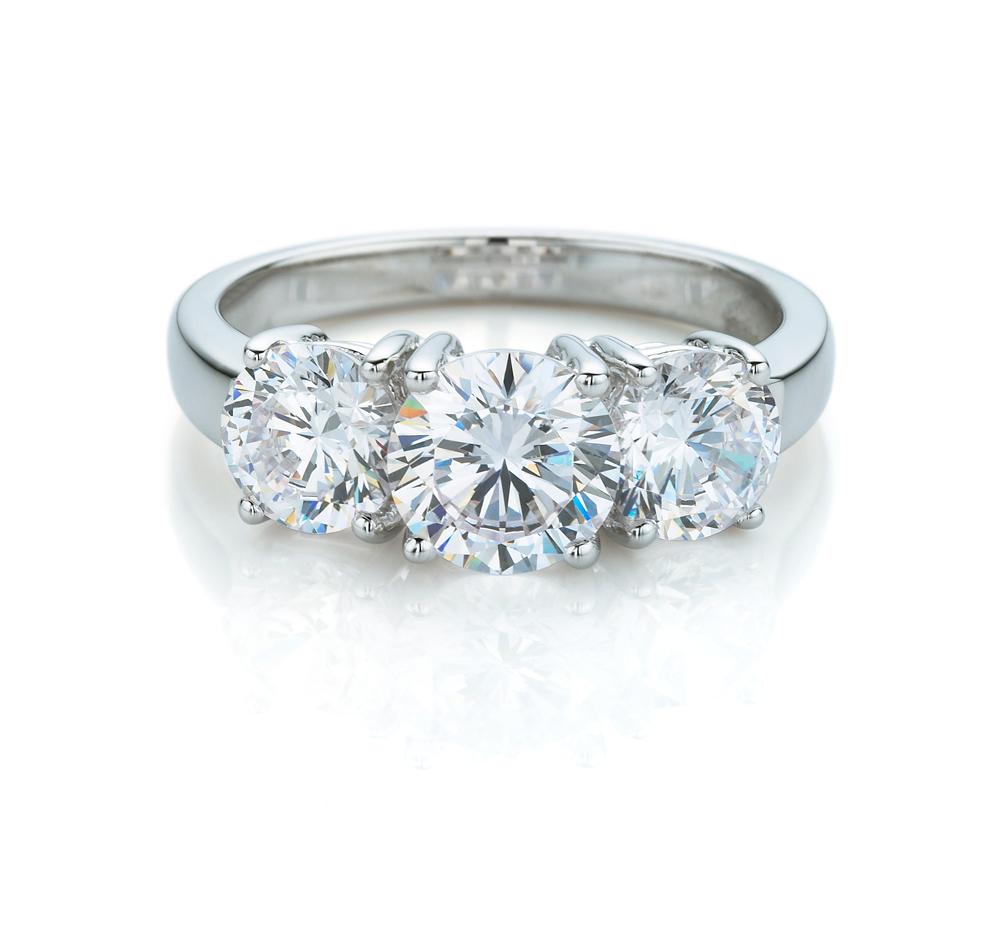 Three stone ring with 2 carats* of diamond simulants in 10 carat white gold