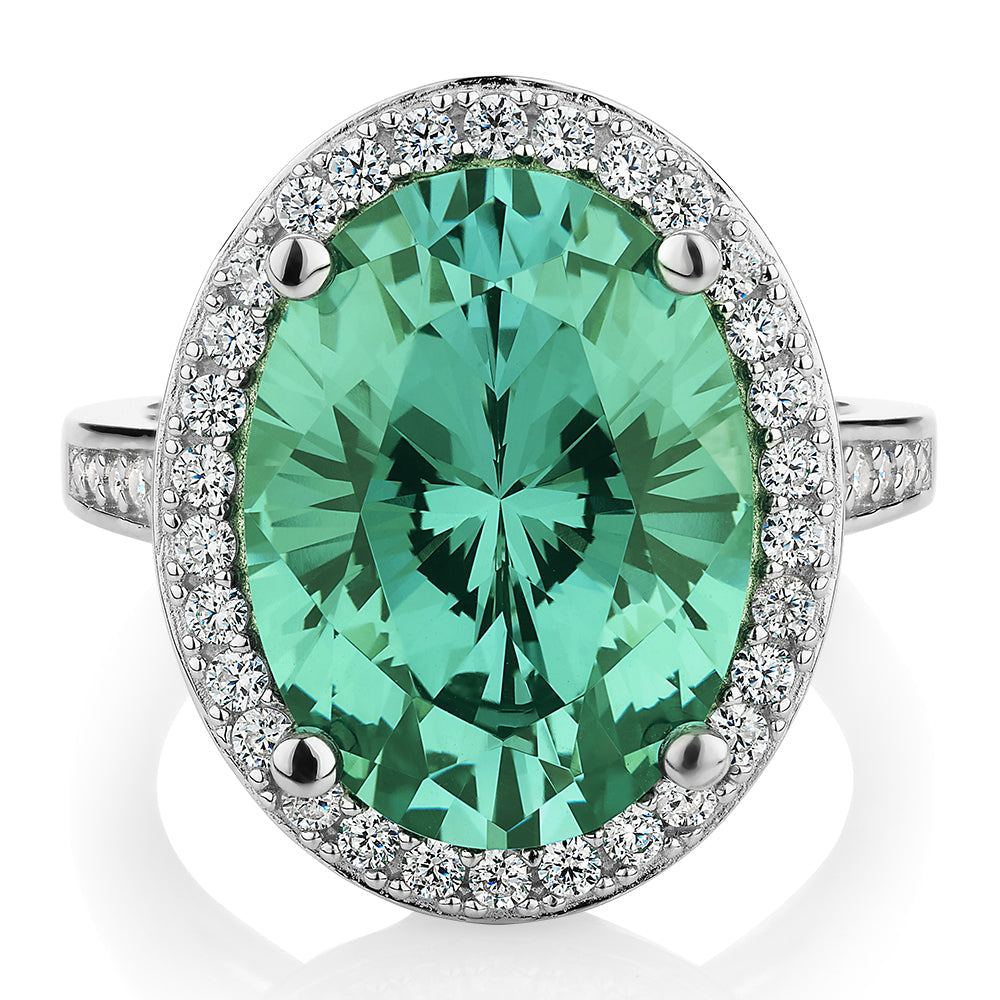 Dress ring with ocean green simulant and 0.78 carats* of diamond simulants in sterling silver