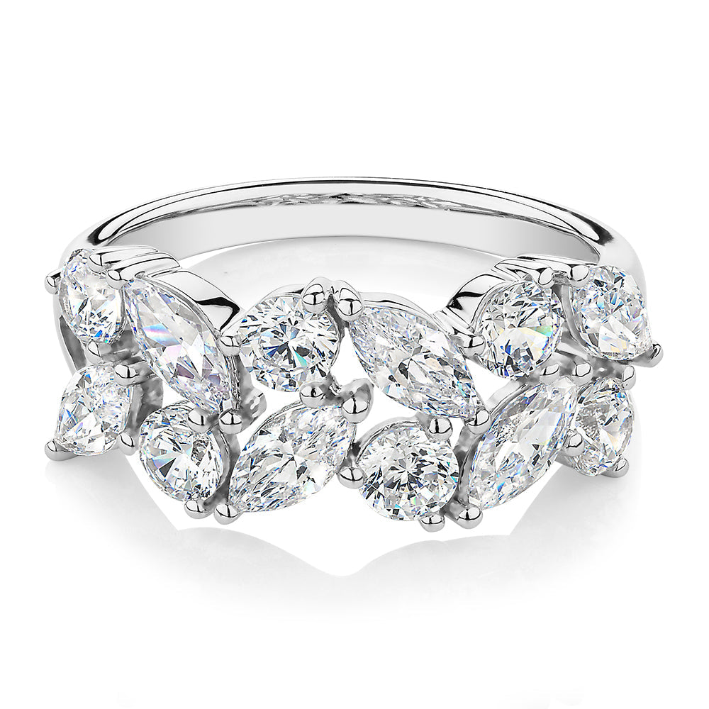Dress ring with 3.36 carats* of diamond simulants in 10 carat white gold