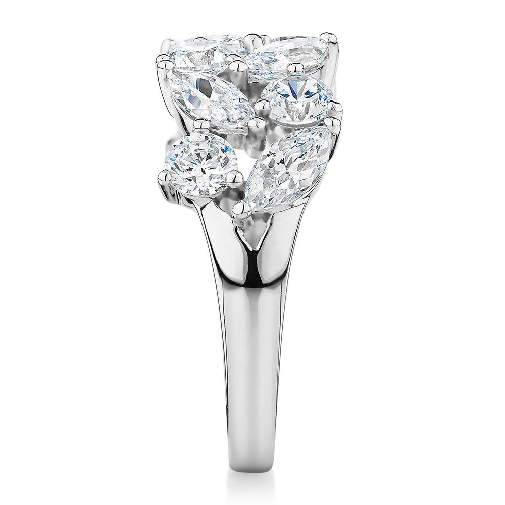 Dress ring with 3.36 carats* of diamond simulants in 10 carat white gold