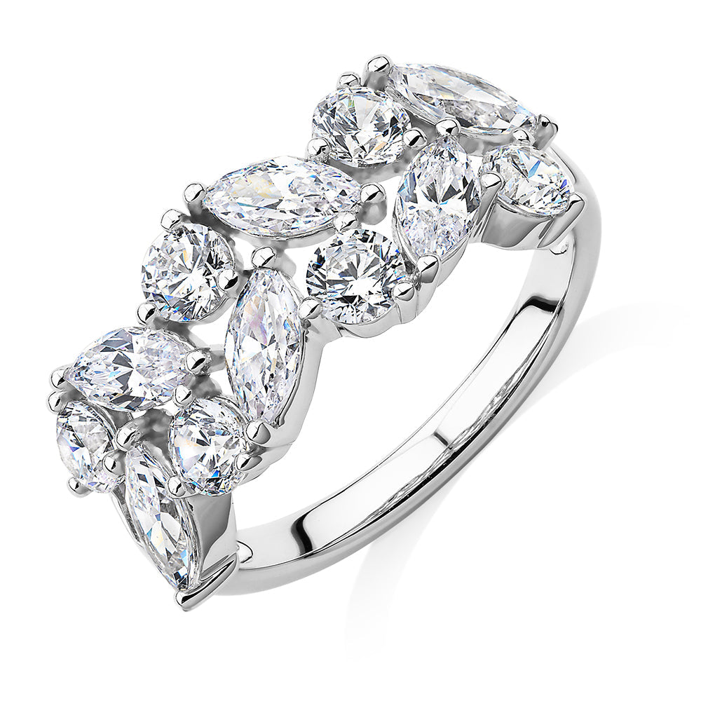 Dress ring with 3.36 carats* of diamond simulants in 10 carat white gold