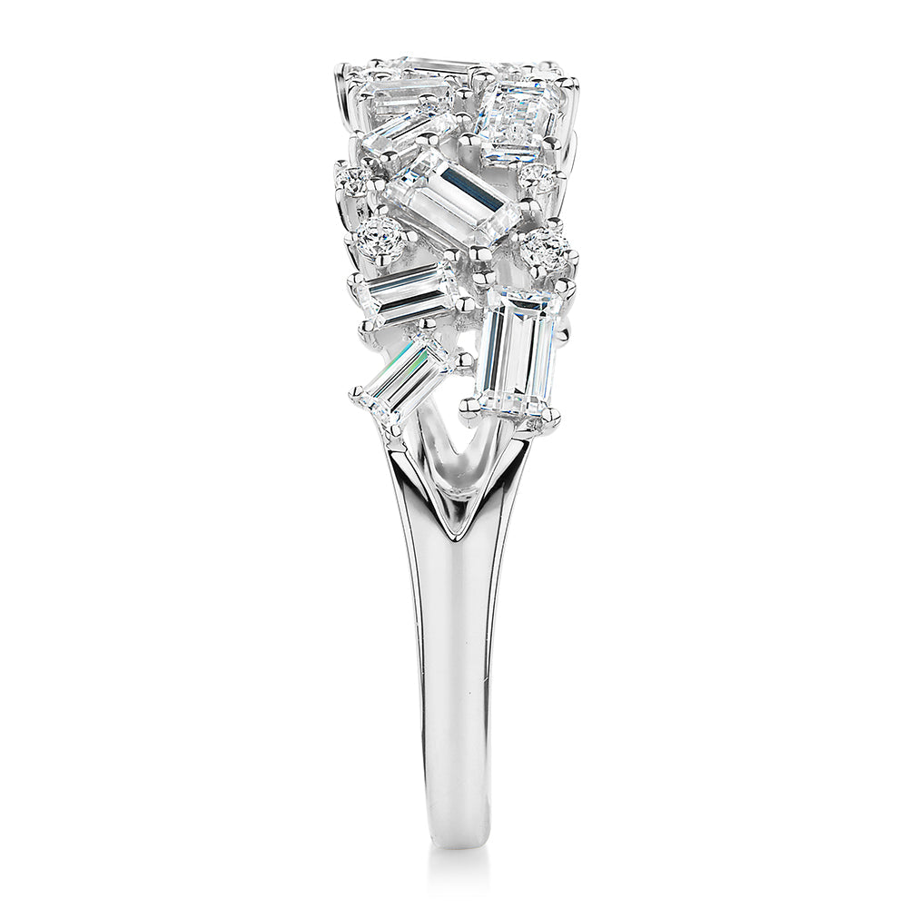 Dress ring with 1.03 carats* of diamond simulants in 10 carat white gold