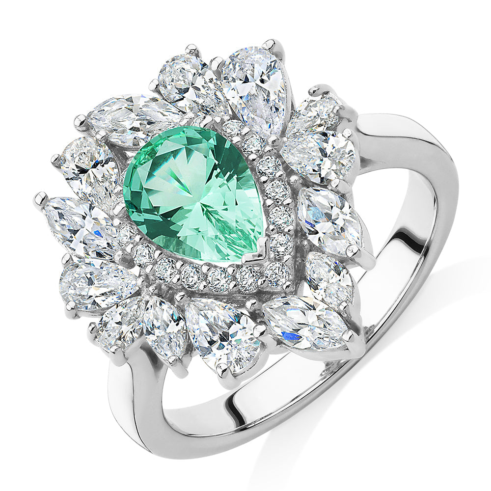 Dress ring with ocean green simulant and 2.42 carats* of diamond simulants in sterling silver