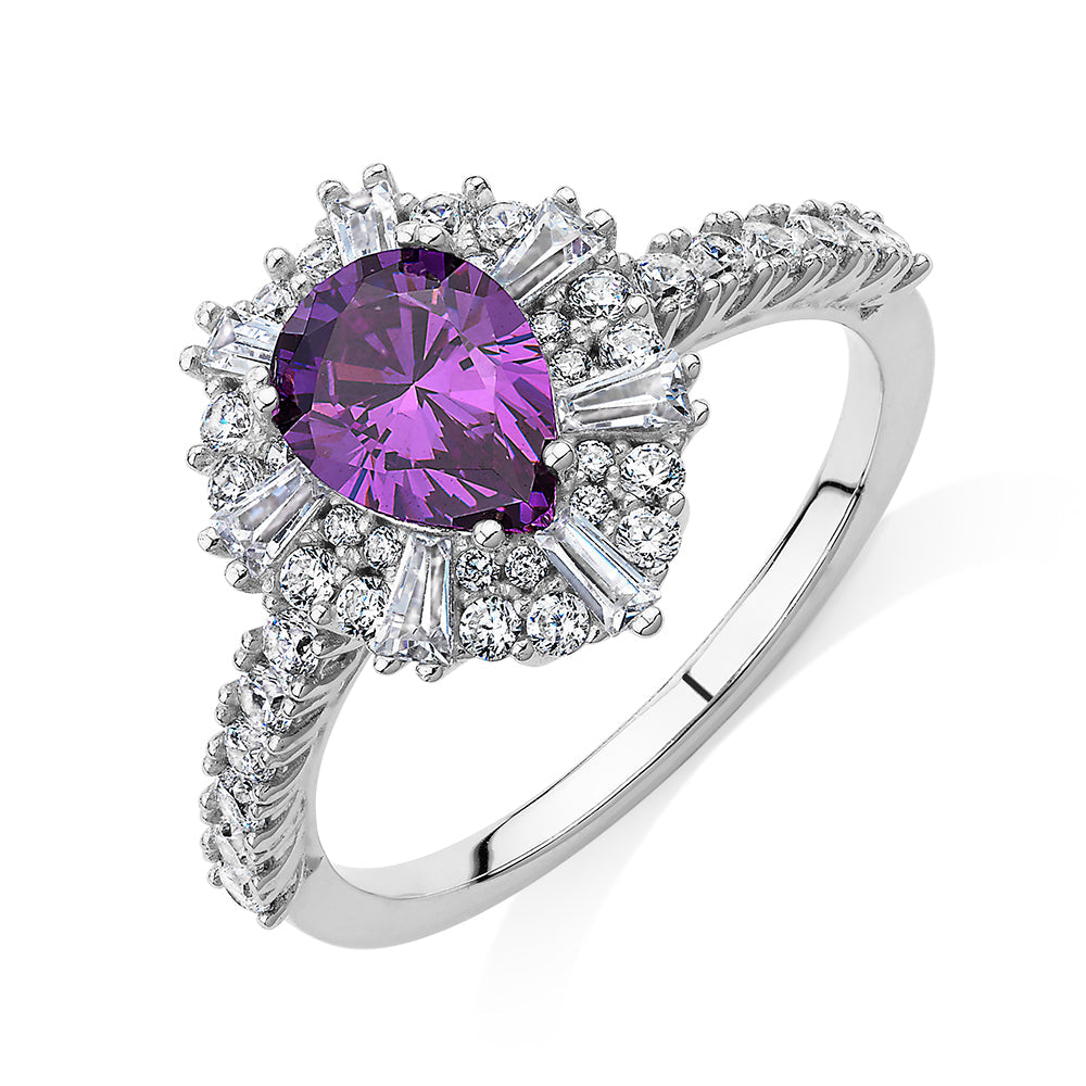 Dress ring with amethyst simulant and 0.86 carats* of diamond simulants in sterling silver
