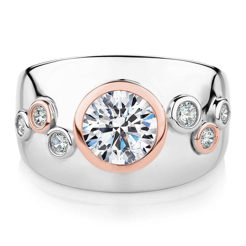 Synergy dress ring with 1.46 carats* of diamond simulants in 10 carat rose gold and sterling silver
