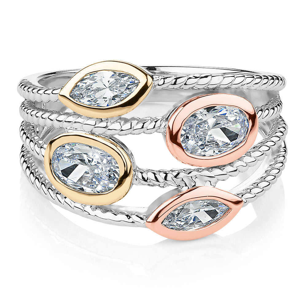 Dress ring with 1.36 carats* of diamond simulants in 10 carat yellow gold, rose gold and sterling silver