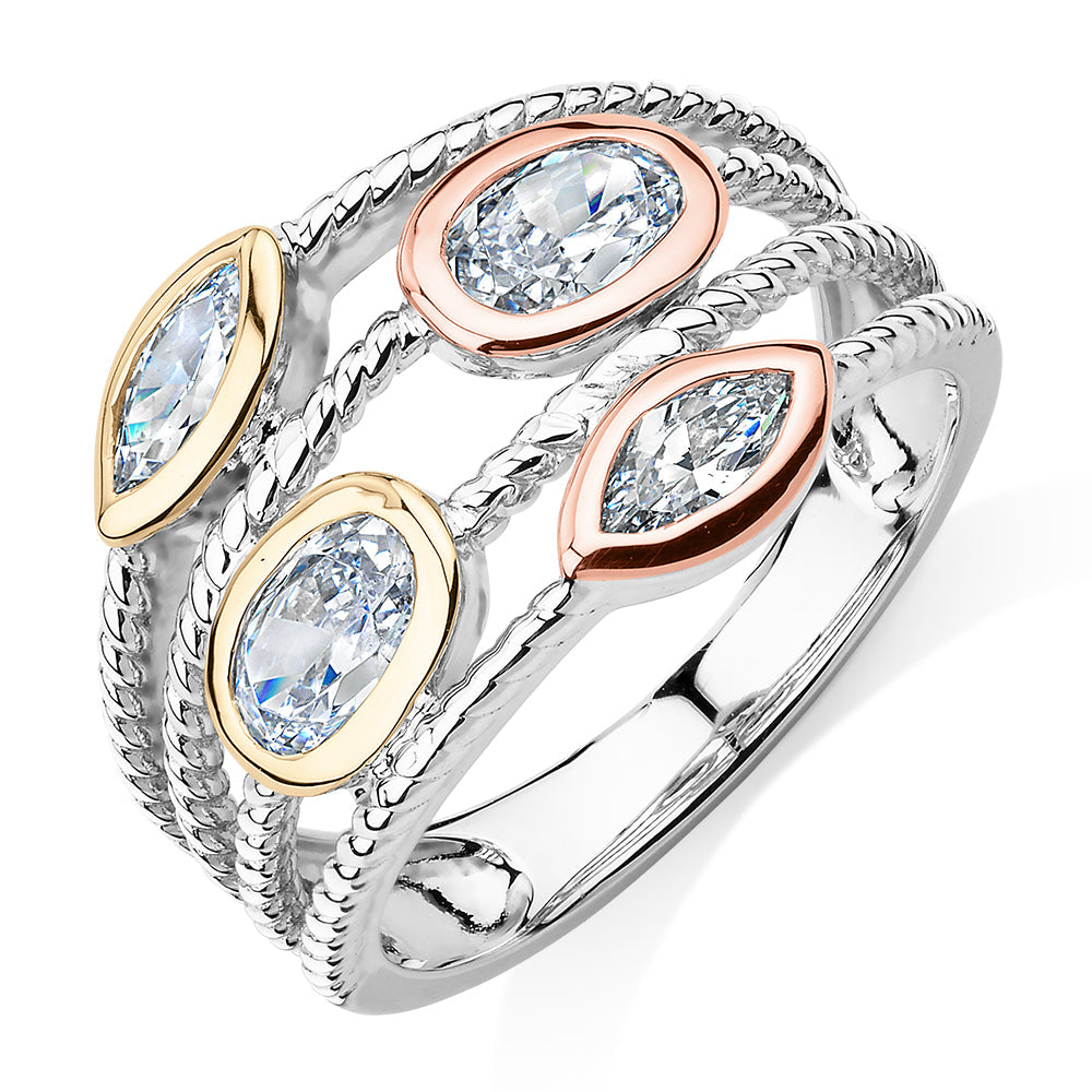 Dress ring with 1.36 carats* of diamond simulants in 10 carat yellow gold, rose gold and sterling silver