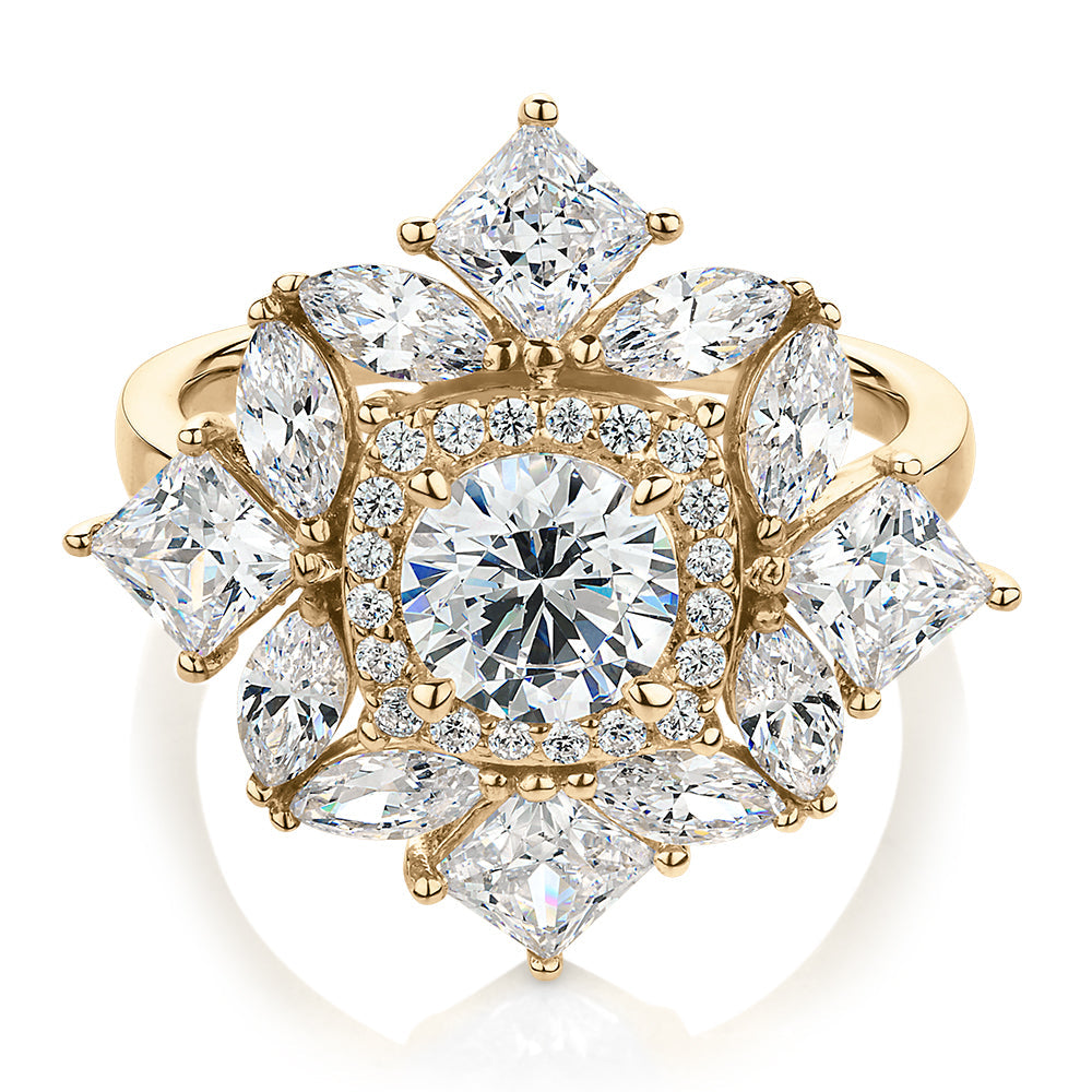 Dress ring with 3.86 carats* of diamond simulants in 10 carat yellow gold