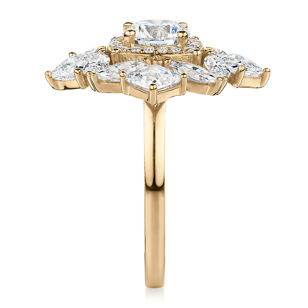 Dress ring with 3.86 carats* of diamond simulants in 10 carat yellow gold