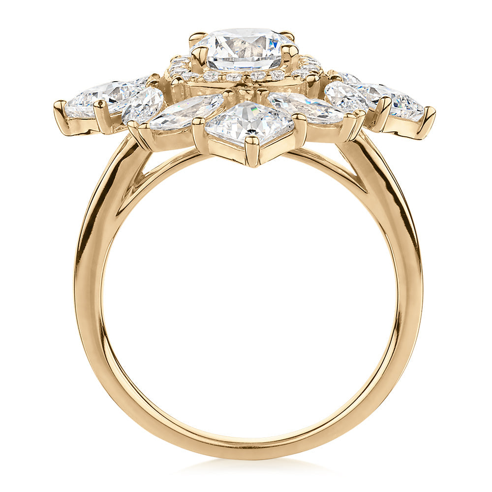 Dress ring with 3.86 carats* of diamond simulants in 10 carat yellow gold