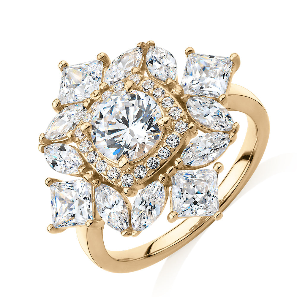 Dress ring with 3.86 carats* of diamond simulants in 10 carat yellow gold