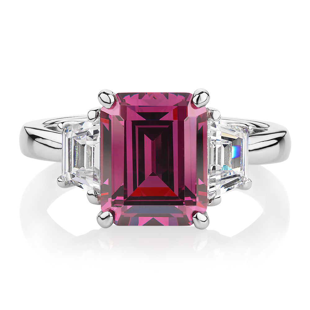 Dress ring with rhodolite simulant and 0.6 carats* of diamond simulants in sterling silver