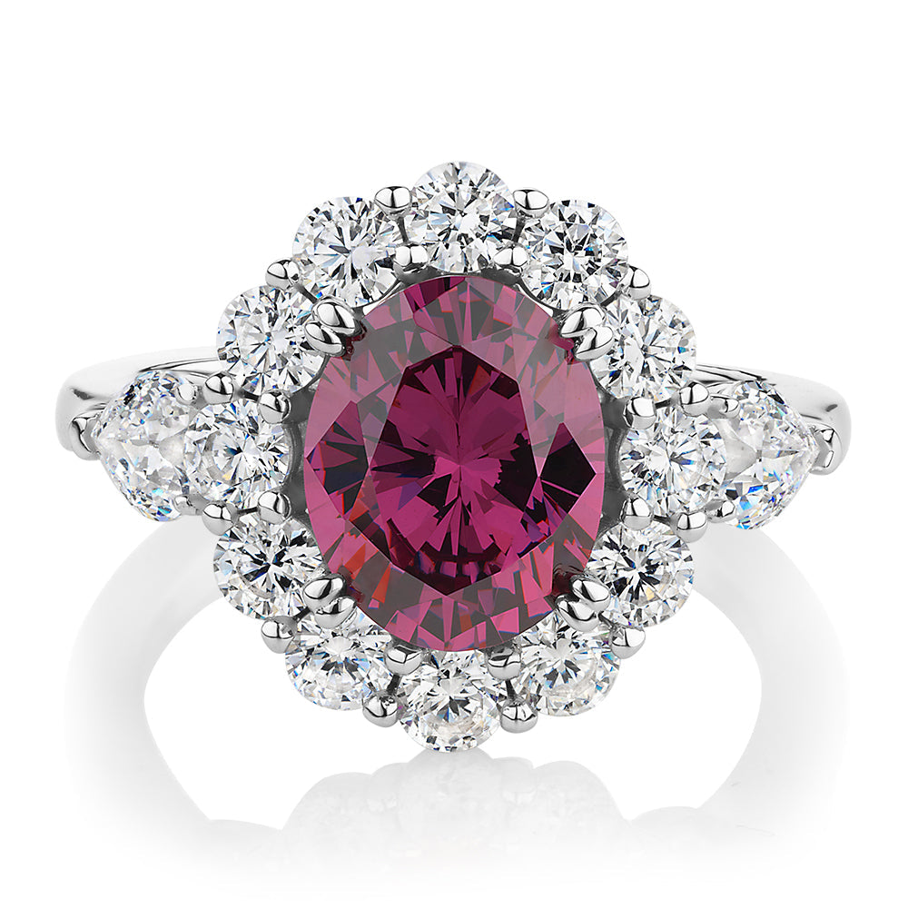Dress ring with rhodolite simulant and 1.82 carats* of diamond simulants in sterling silver