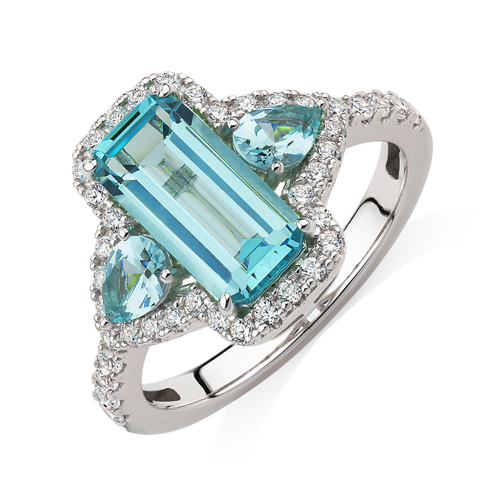 Dress ring with ocean green simulant and 0.46 carats* of diamond simulants in sterling silver