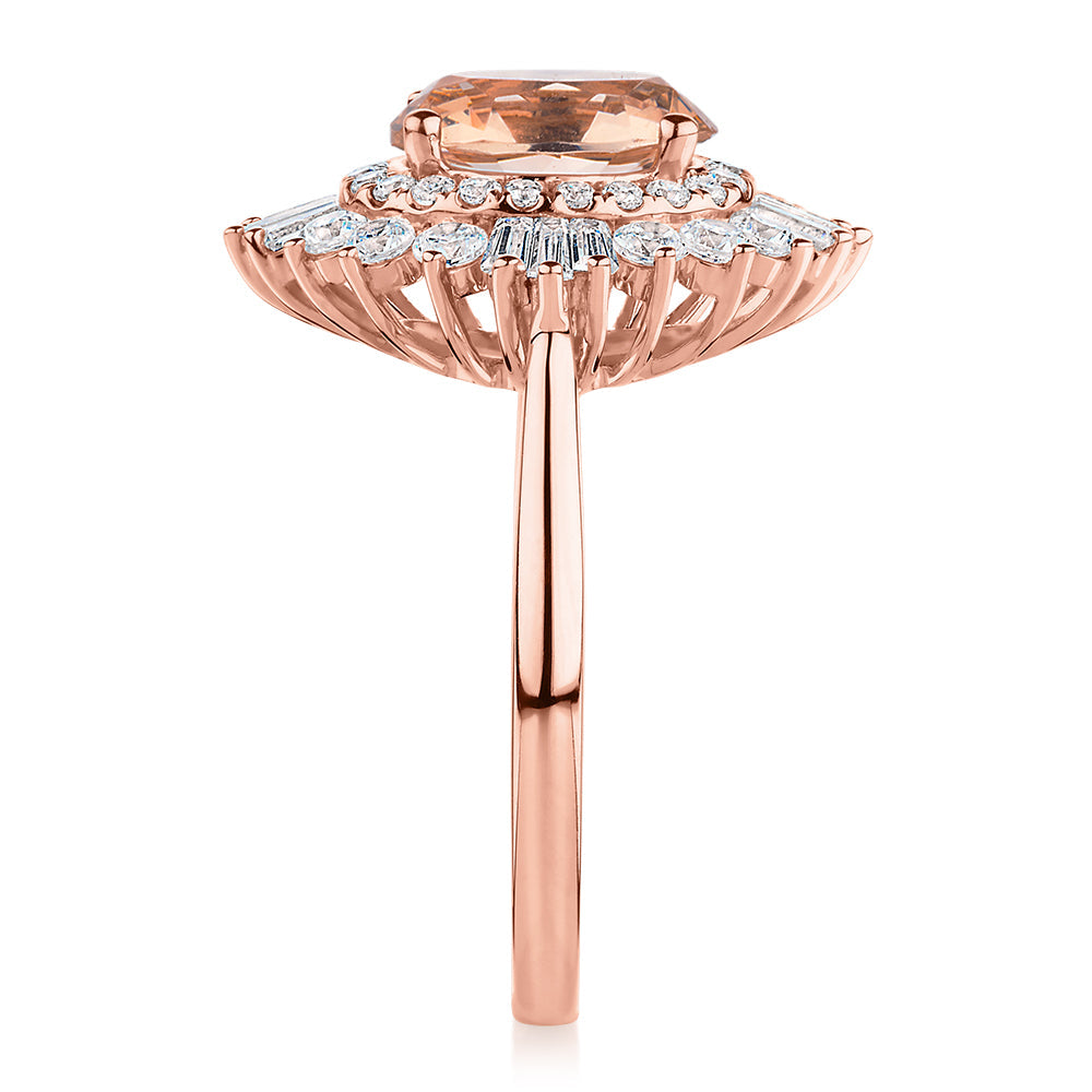 Dress ring with 9x7mm morganite simulant and 1.04 carats* of diamond simulants in 10 carat rose gold