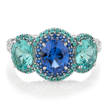 Dress ring with ocean blue and green simulants and 0.40 carats* of diamond simulants in sterling silver