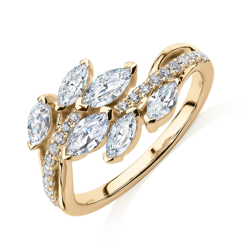 Dress ring with 1.23 carats* of diamond simulants in 10 carat yellow gold