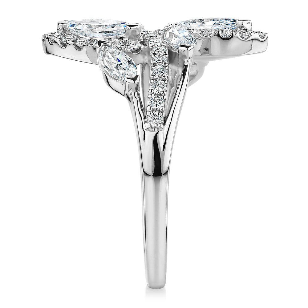 Dress ring with 1.44 carats* of diamond simulants in 10 carat white gold