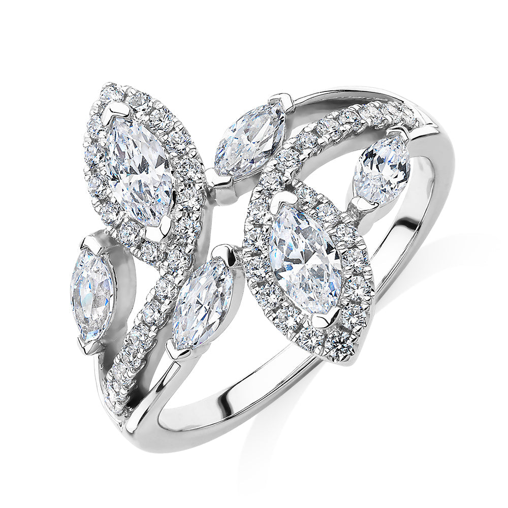 Dress ring with 1.44 carats* of diamond simulants in 10 carat white gold