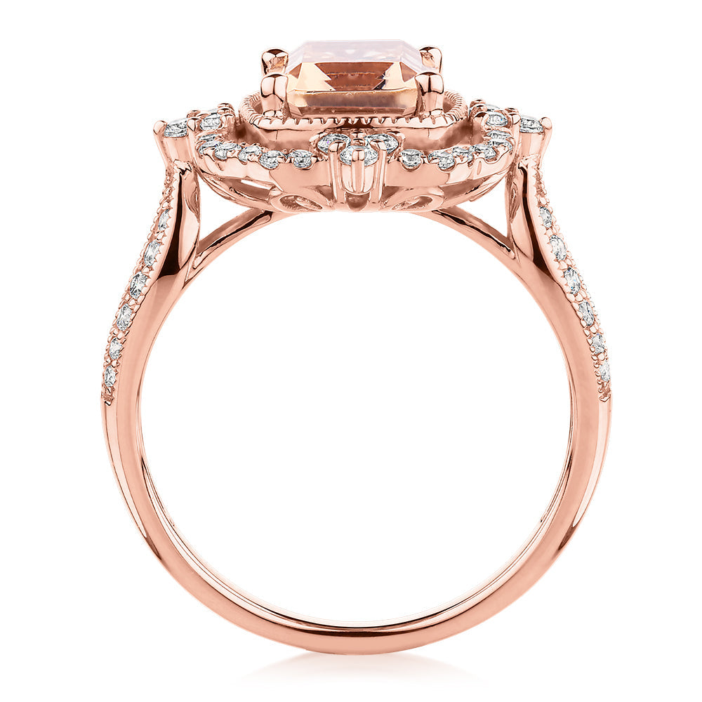 Emerald Cut and Round Brilliant halo engagement ring with morganite si ...