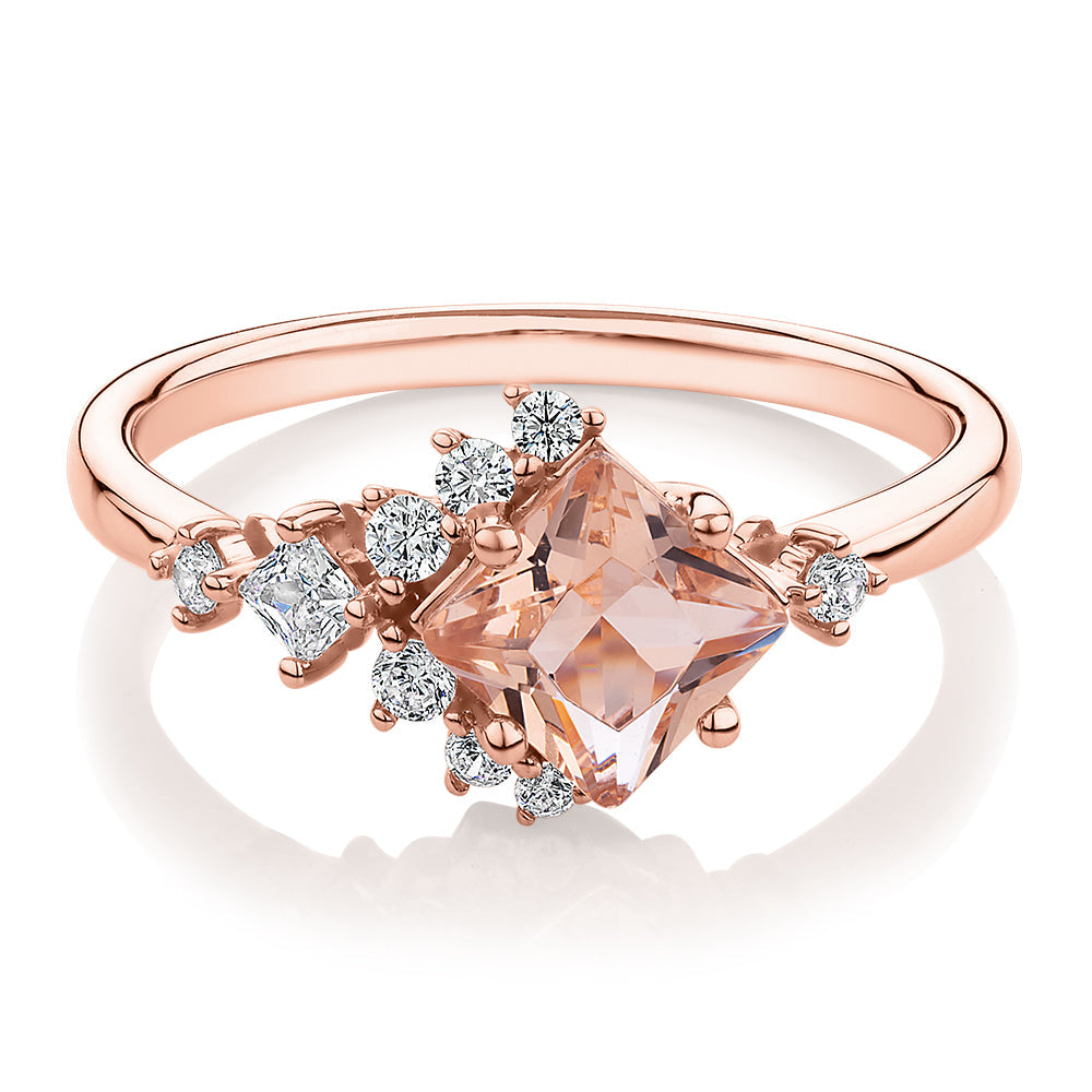 Princess Cut and Round Brilliant shouldered engagement ring with morganite simulant and diamond simulants in 10 carat rose gold