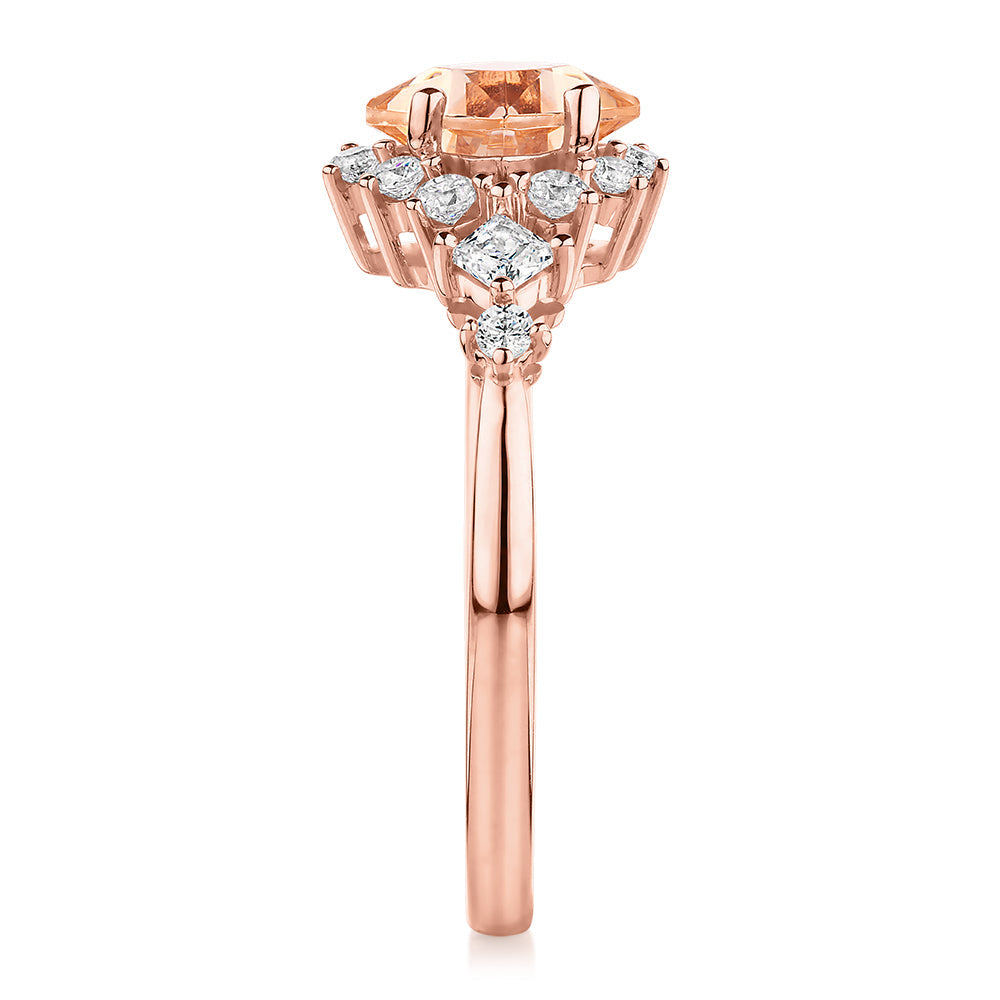 Princess Cut and Round Brilliant shouldered engagement ring with morganite simulant and diamond simulants in 10 carat rose gold