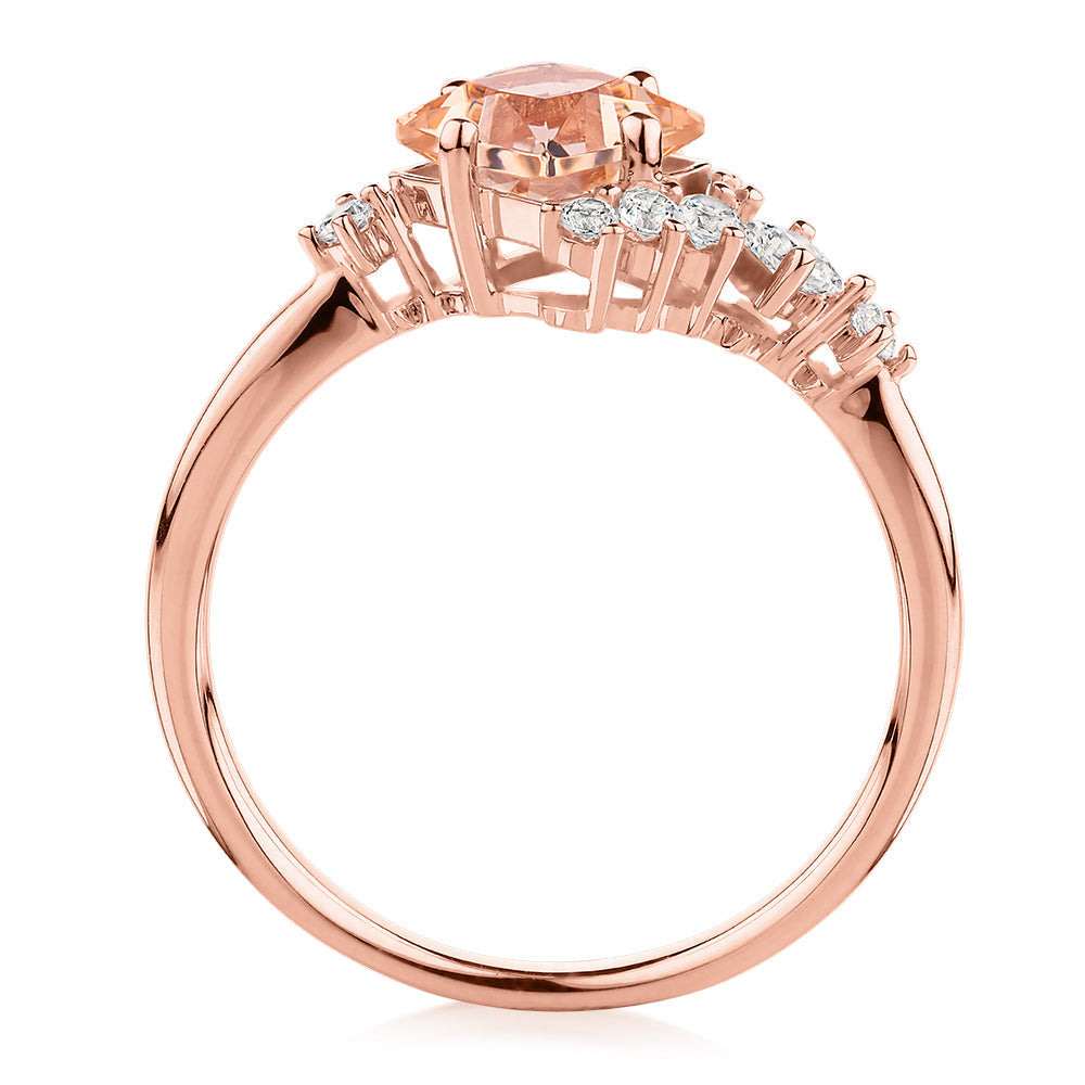 Princess Cut and Round Brilliant shouldered engagement ring with morganite simulant and diamond simulants in 10 carat rose gold