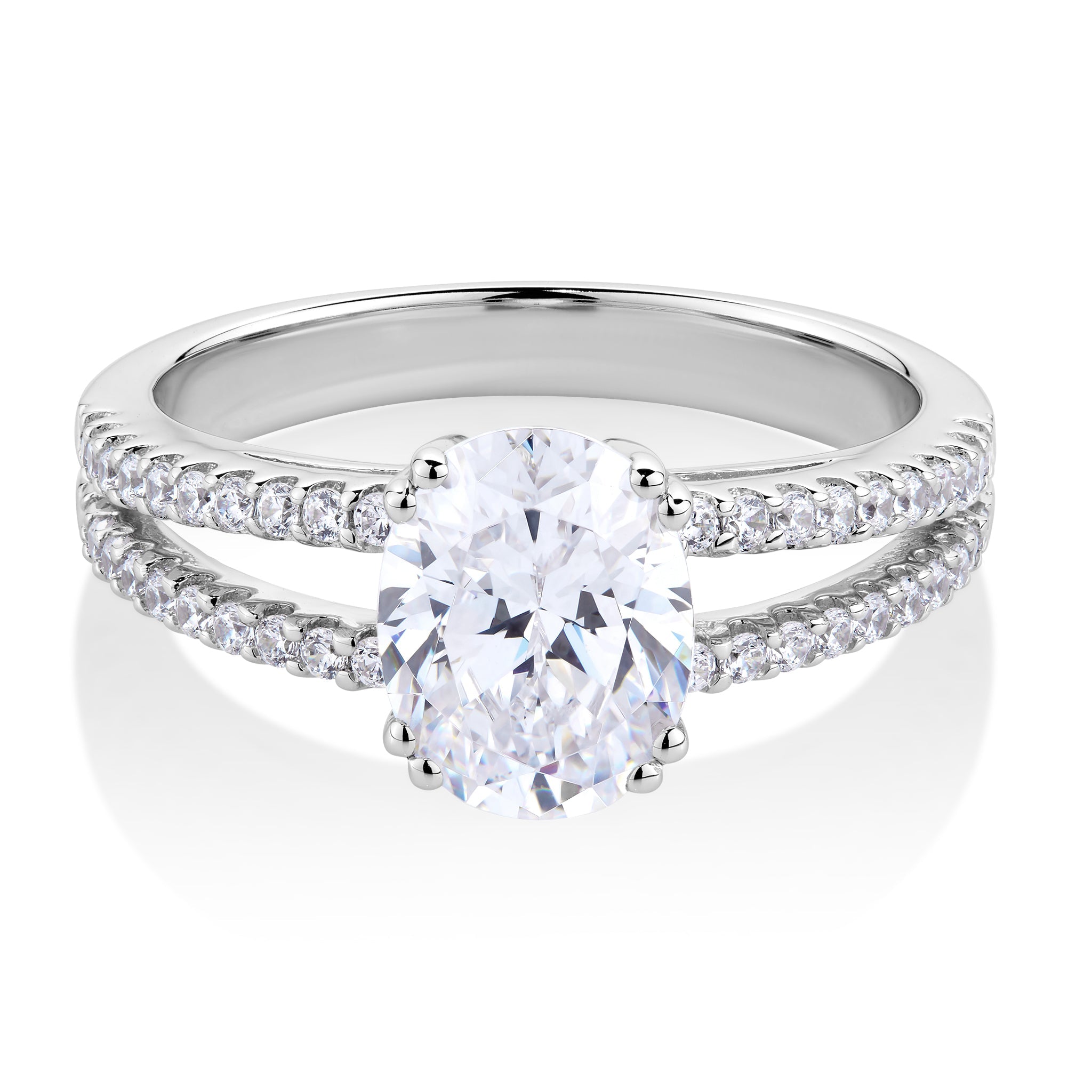 Oval and Round Brilliant shouldered engagement ring with 2.13 carats* of diamond simulants in 10 carat white gold