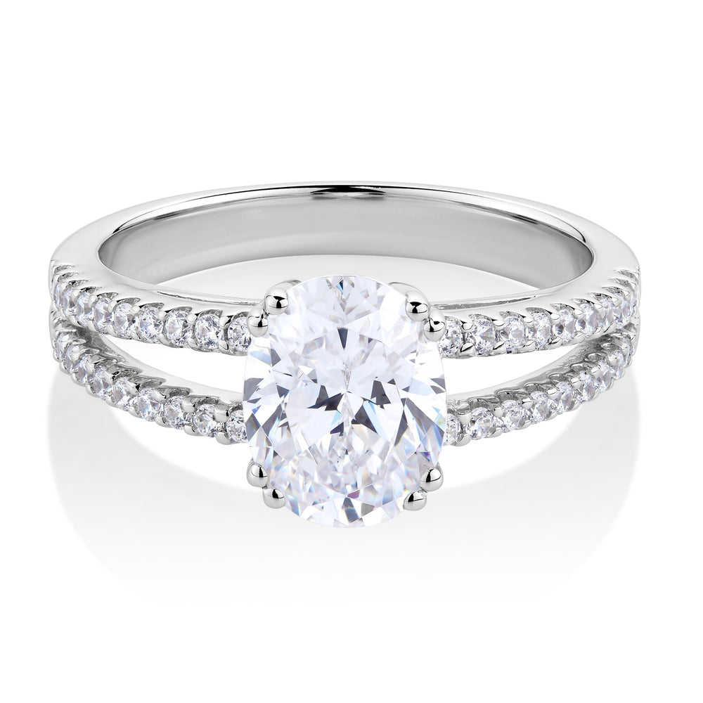 Oval and Round Brilliant shouldered engagement ring with 2.13 carats* of diamond simulants in 10 carat white gold