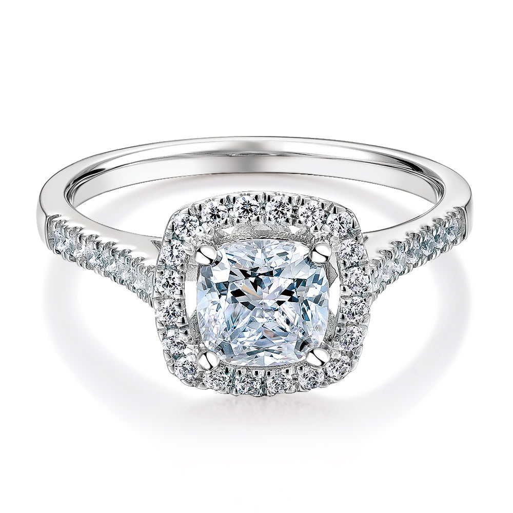Cushion and Round Brilliant halo engagement ring with 1.08 carats* of diamond simulants in 14 carat