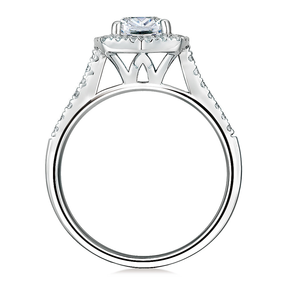 Cushion and Round Brilliant halo engagement ring with 1.08 carats* of diamond simulants in 14 carat