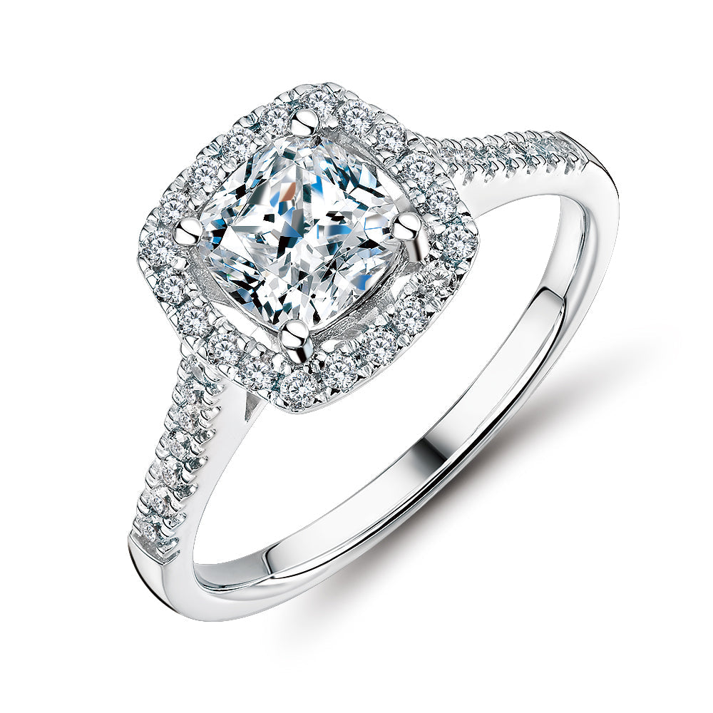 Cushion and Round Brilliant halo engagement ring with 1.08 carats* of diamond simulants in 14 carat