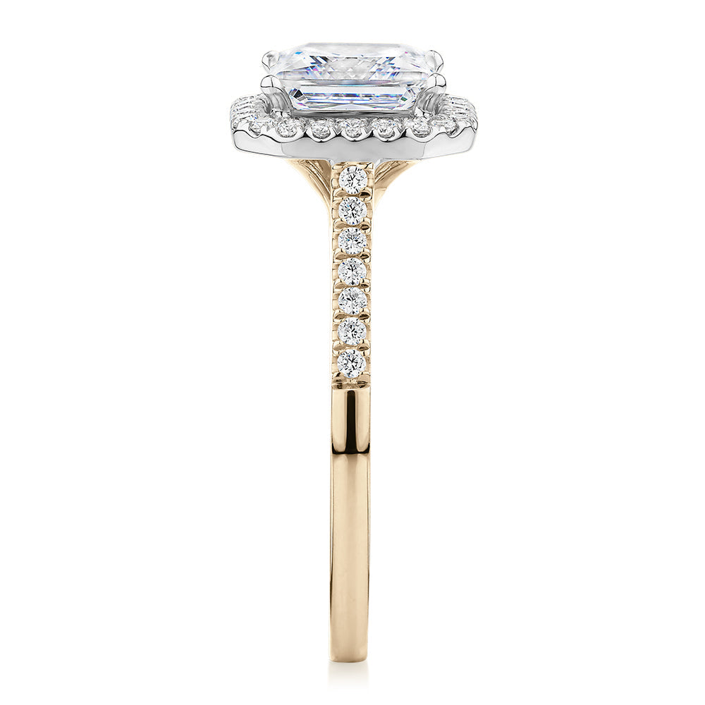 Princess Cut and Round Brilliant halo engagement ring with 2.21 carats* of diamond simulants in 14 carat yellow and white gold