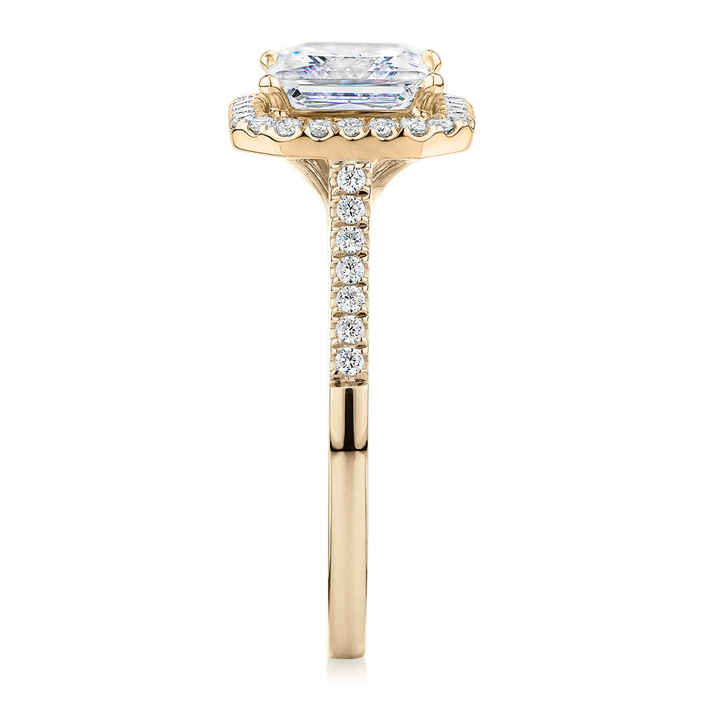 Princess Cut and Round Brilliant halo engagement ring with 2.21 carats* of diamond simulants in 14 carat yellow gold