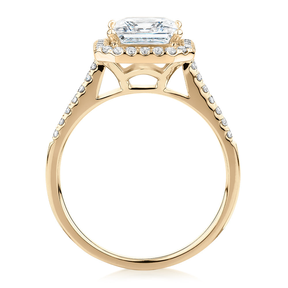 Princess Cut and Round Brilliant halo engagement ring with 2.21 carats* of diamond simulants in 14 carat yellow gold