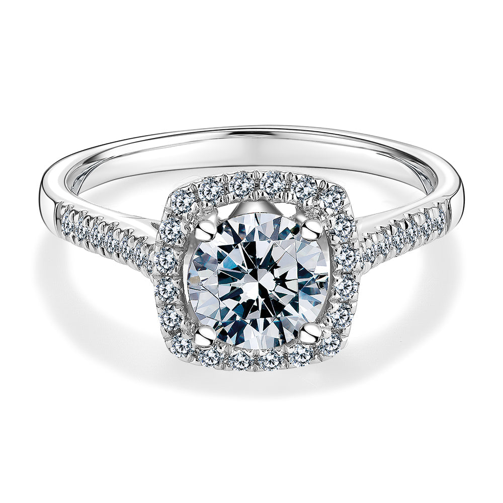 Round Brilliant halo engagement ring with 1.26 carats* of diamond simulants in 14 carat white gold