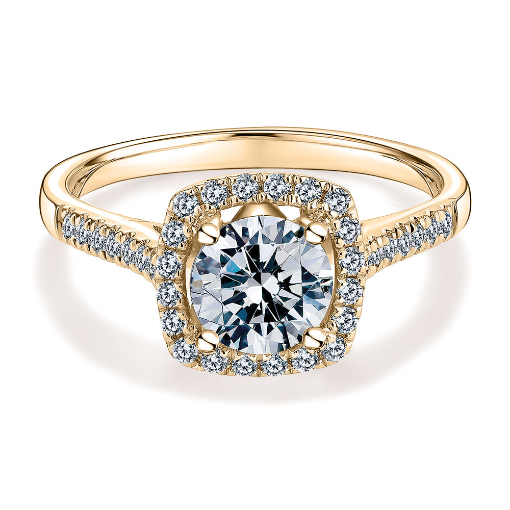 Round Brilliant halo engagement ring with 1.26 carats* of diamond simulants in 14 carat yellow gold