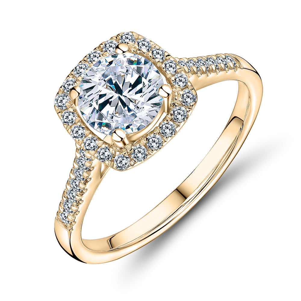 Round Brilliant halo engagement ring with 1.26 carats* of diamond simulants in 14 carat yellow gold