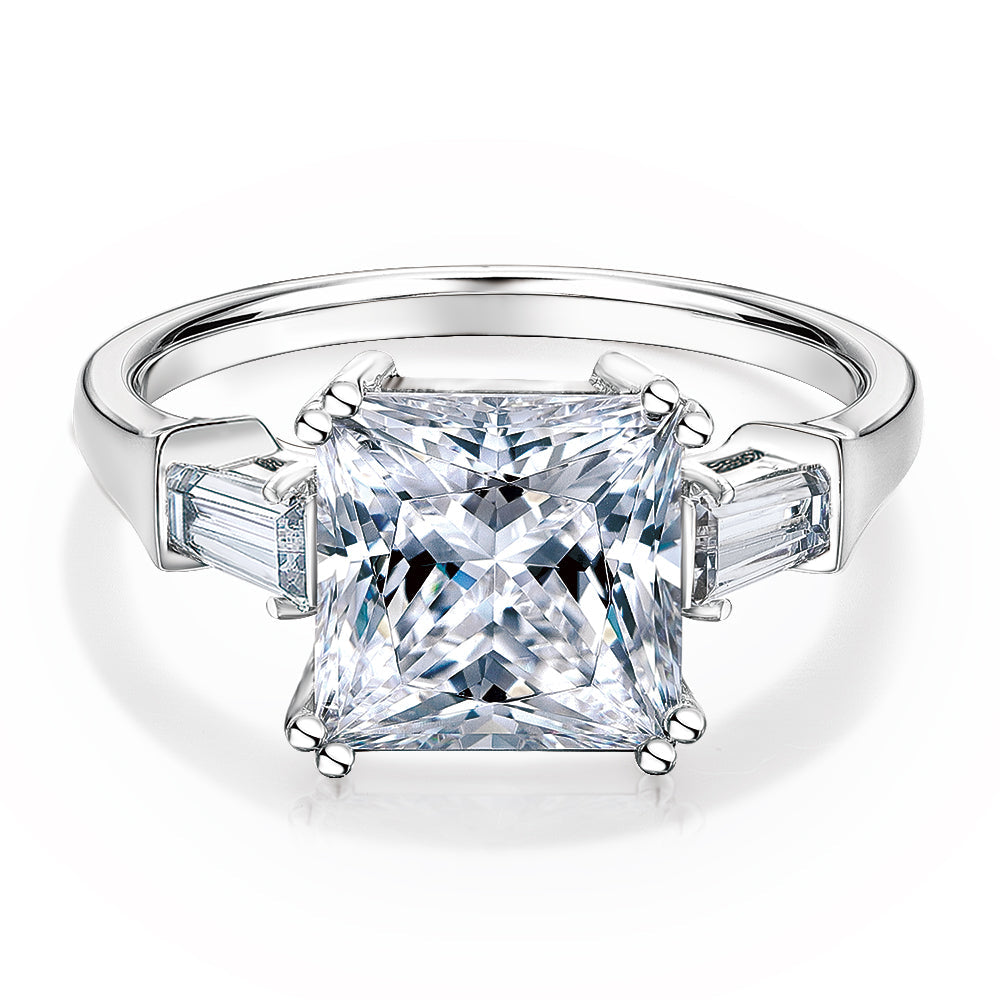 Princess Cut and Baguette shouldered engagement ring with 3.43 carats* of diamond simulants in 10 carat white gold
