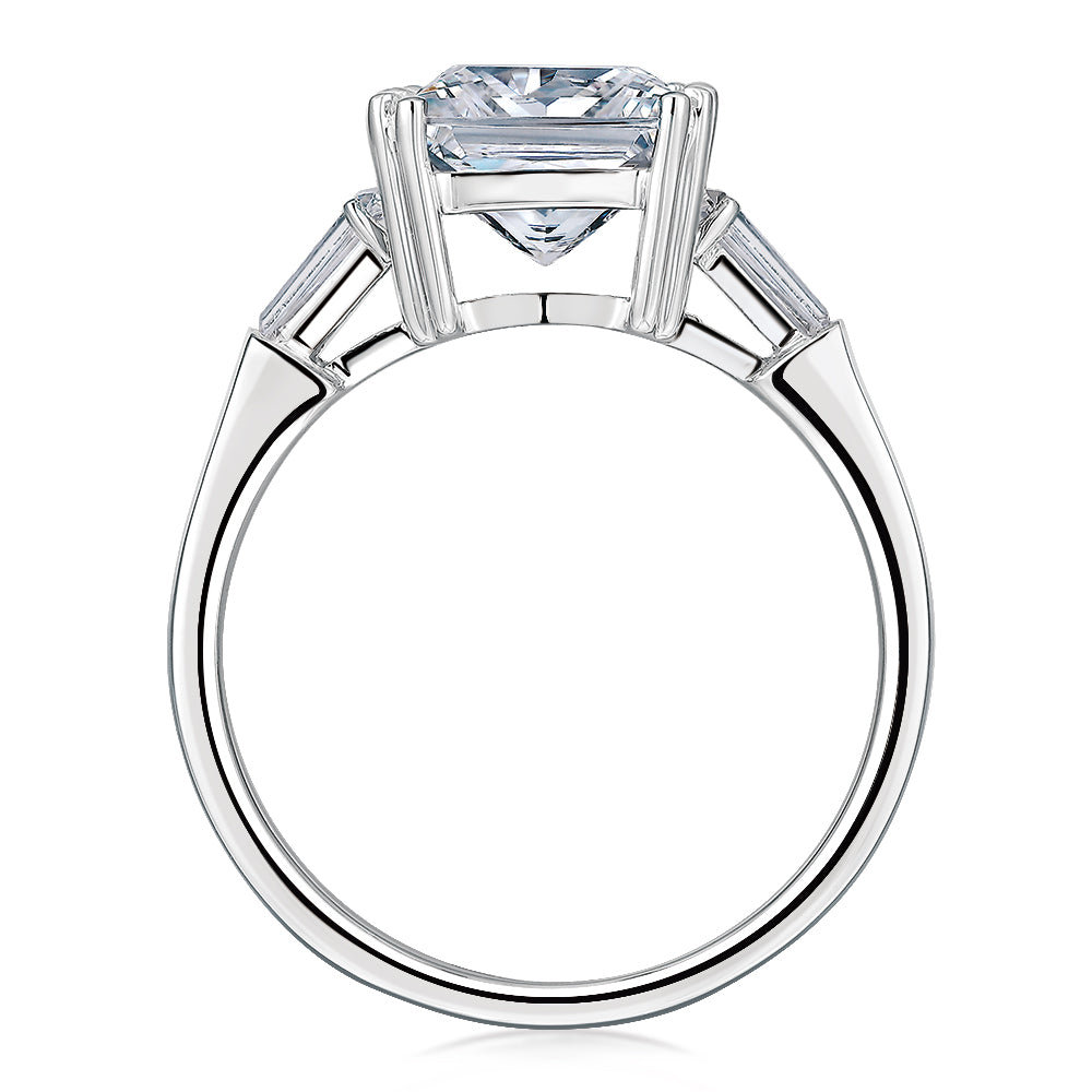 Princess Cut and Baguette shouldered engagement ring with 3.43 carats* of diamond simulants in 10 carat white gold
