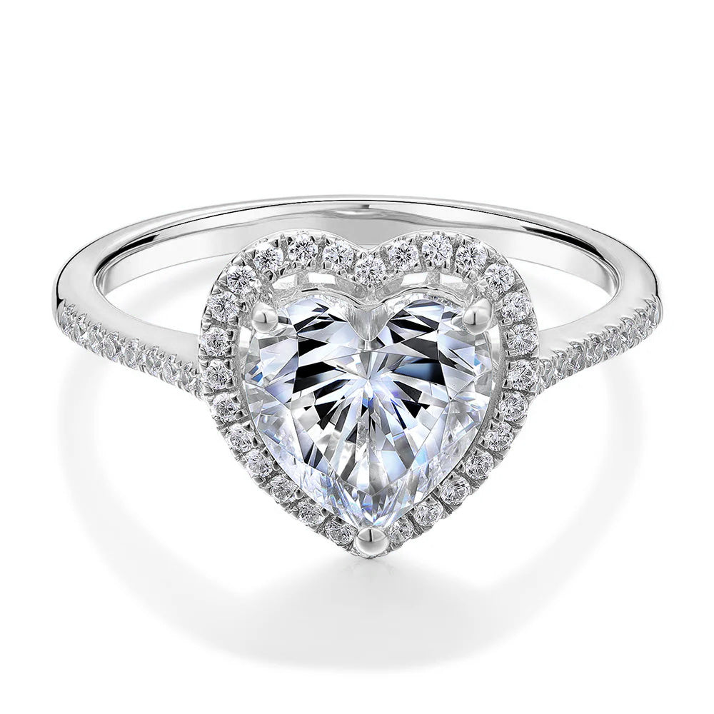 Heart and Round Brilliant halo engagement ring with 1.94 carats* of diamond simulants in 14 carat white gold