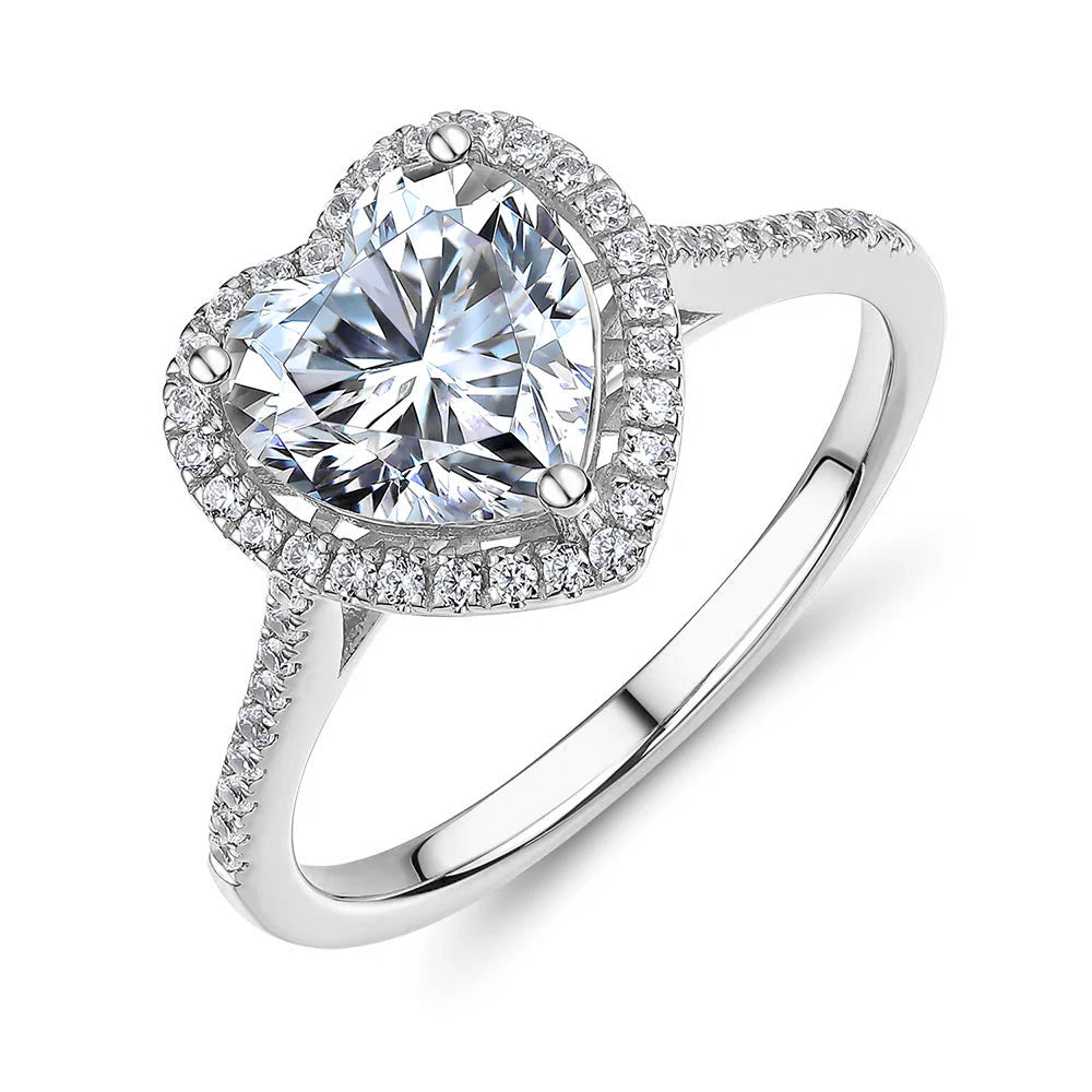 Heart and Round Brilliant halo engagement ring with 1.94 carats* of diamond simulants in 14 carat white gold
