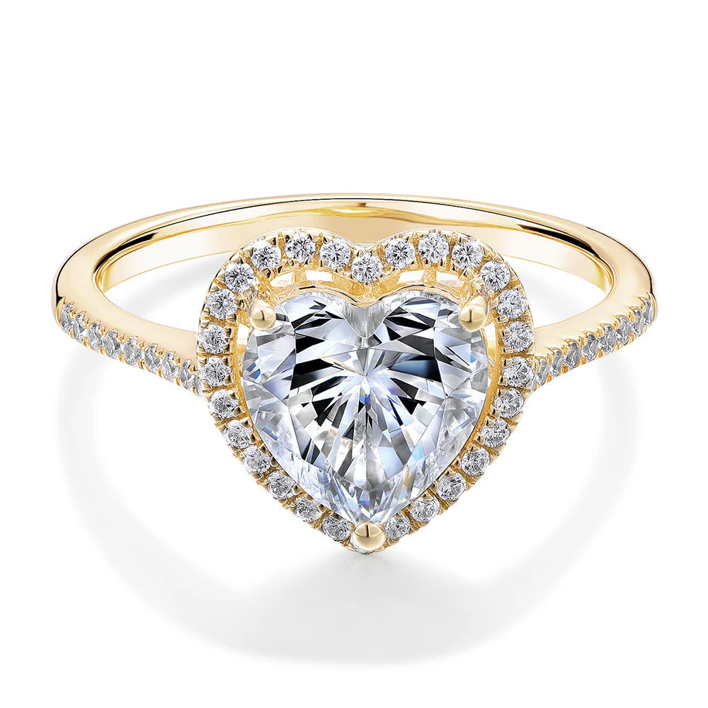 Heart and Round Brilliant halo engagement ring with 1.94 carats* of diamond simulants in 14 carat yellow gold